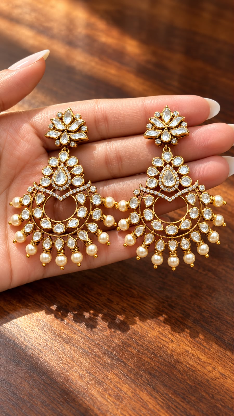Premium Pure Silver Polki Diamond Chaand Bali Indian Festive Earrings
