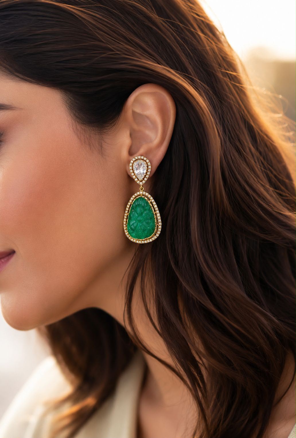 Premium Pure Silver Emerald Carving Gold Finish Polki Indian Earrings