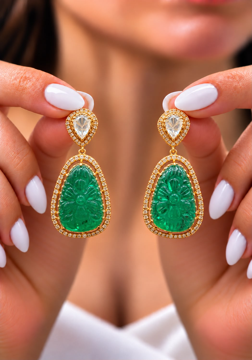 Premium Pure Silver Emerald Carving Gold Finish Polki Indian Earrings