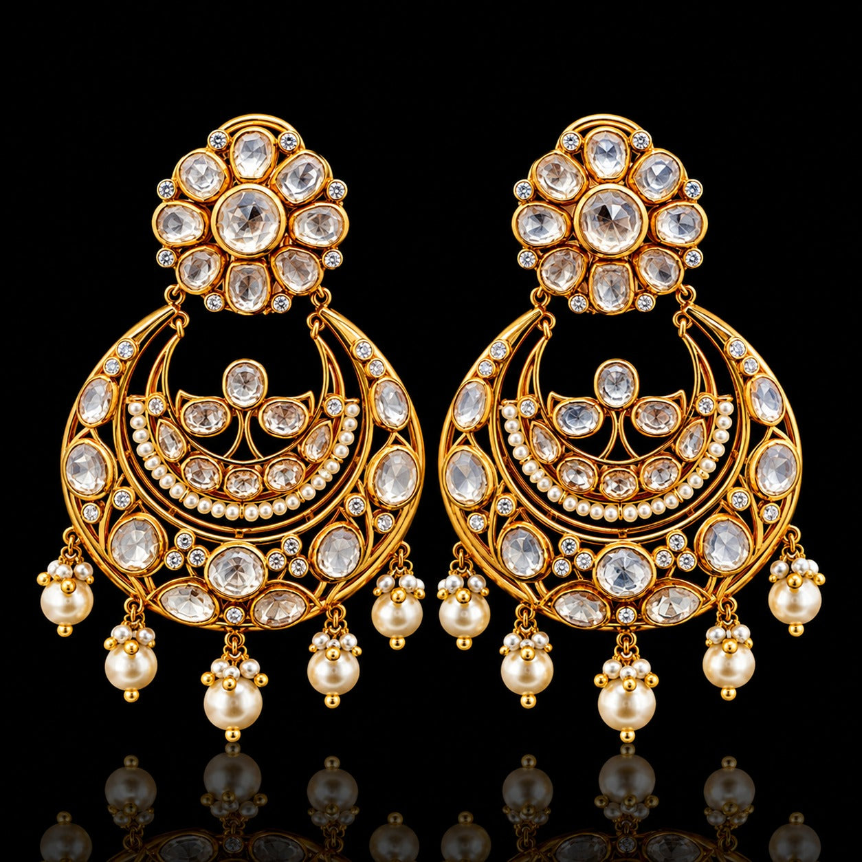 Premium Pure 925 Silver Chunky Gold Finish Mitaara ChaandBali Earrings with Pearl Drops