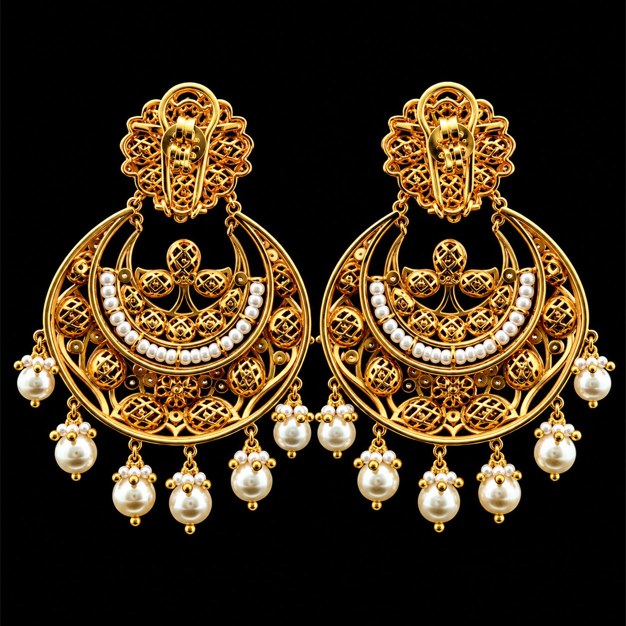 Premium Pure 925 Silver Chunky Gold Finish Mitaara ChaandBali Earrings with Pearl Drops