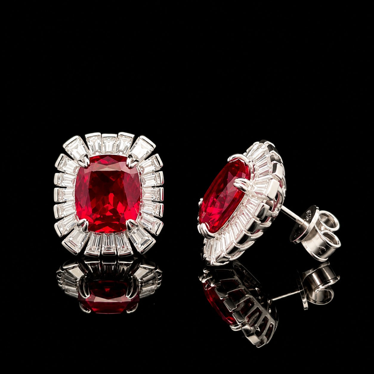 Ultra Premium Ice Cut American Diamond Pure 925 Silver Red Ruby Cushion Cut Baguette Halo Statement Stud Earrings for Women |Twenty One Jewels