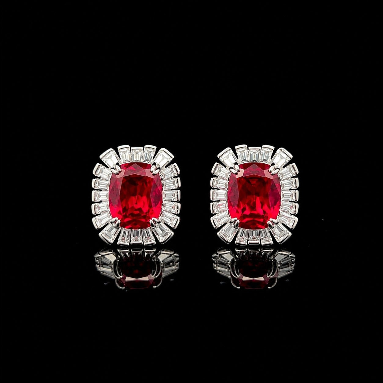 Ultra Premium Ice Cut American Diamond Pure 925 Silver Red Ruby Cushion Cut Baguette Halo Statement Stud Earrings for Women |Twenty One Jewels