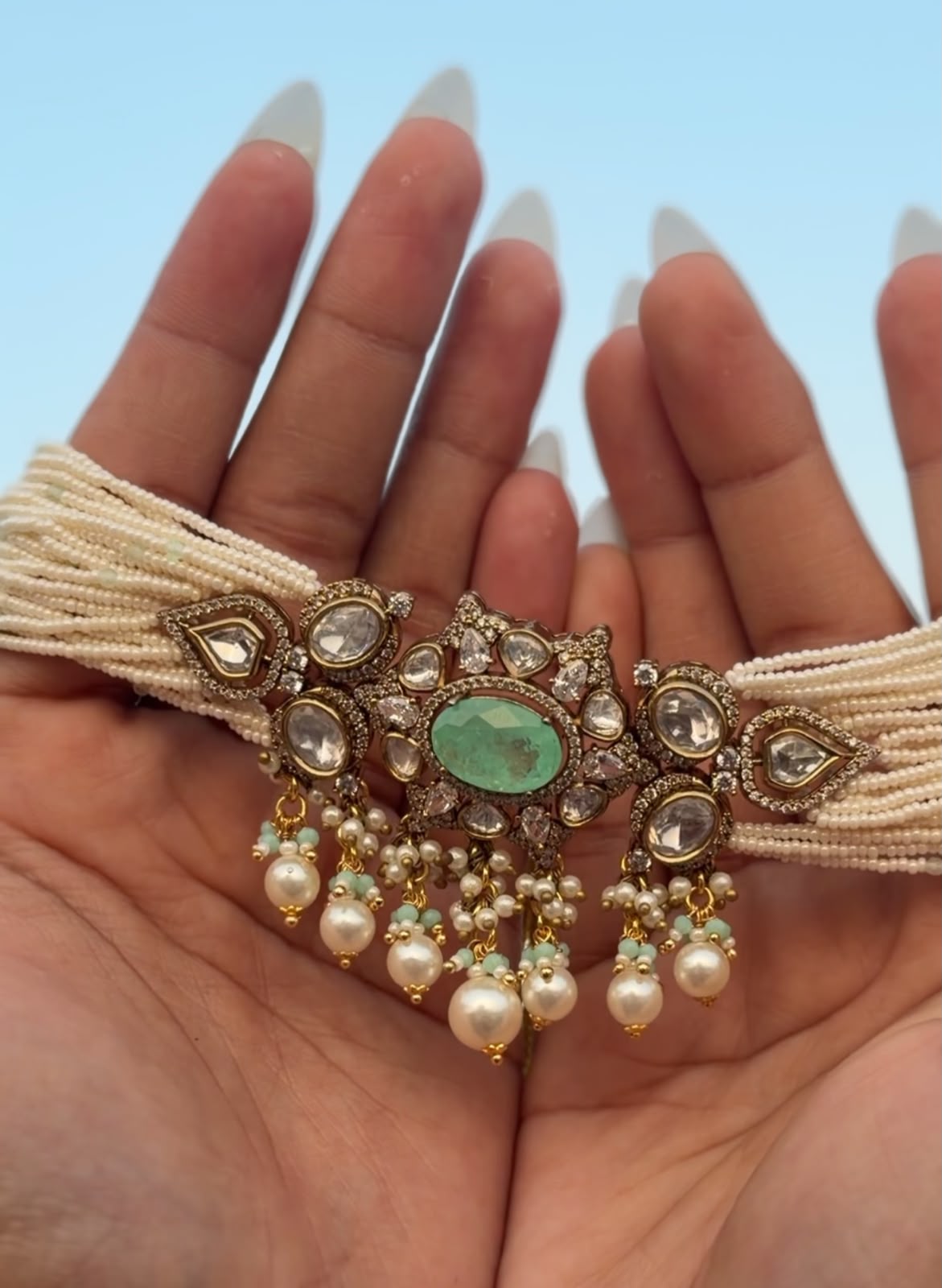 Emerald Green with Pearl Beading Choker set