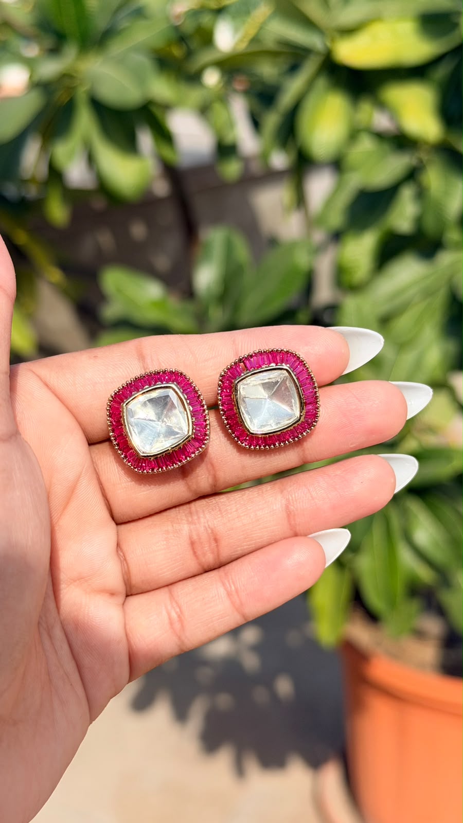 Ruby Pink Square Polki Studs Earring