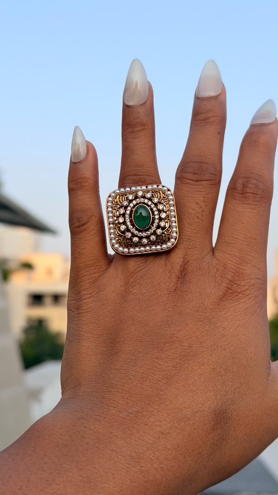 Emerald Antique Pearl Statement Polki Ring