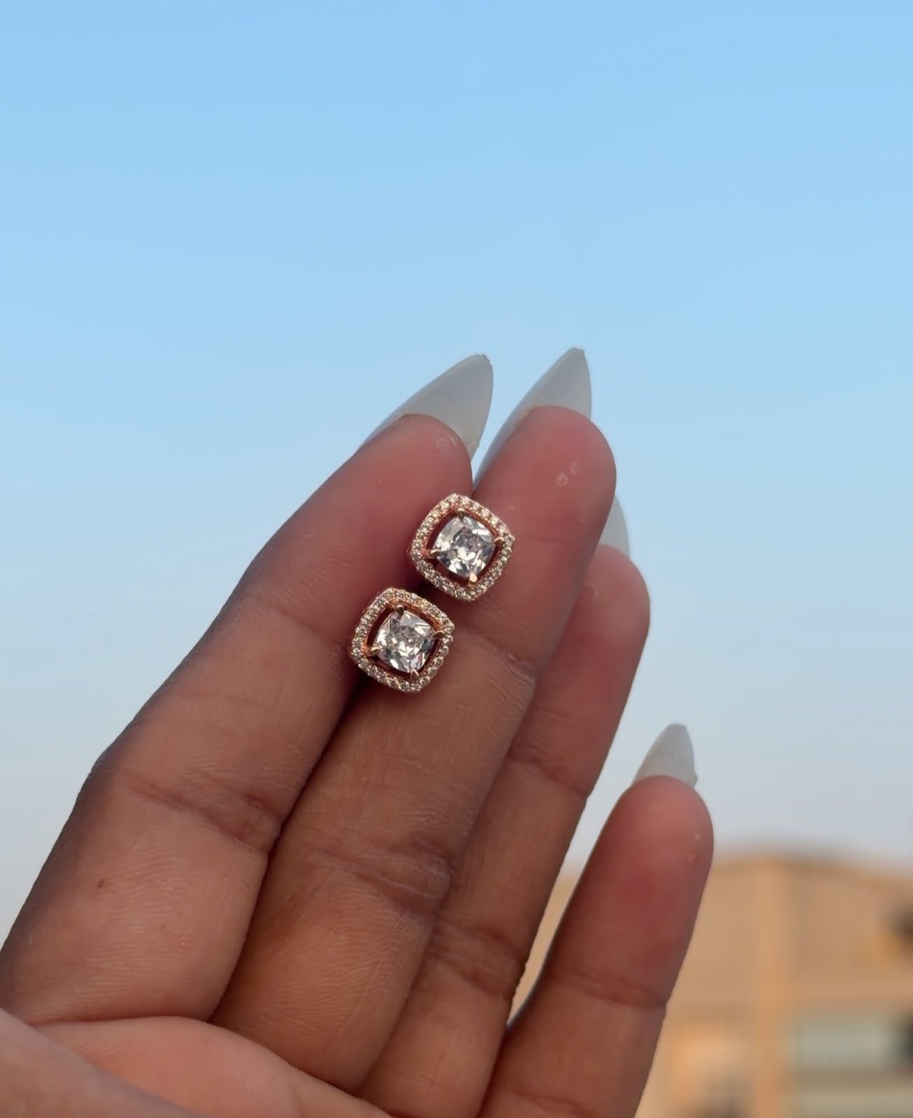 Rose Gold Cushion Cut Halo Stud on Pure 925 Silver