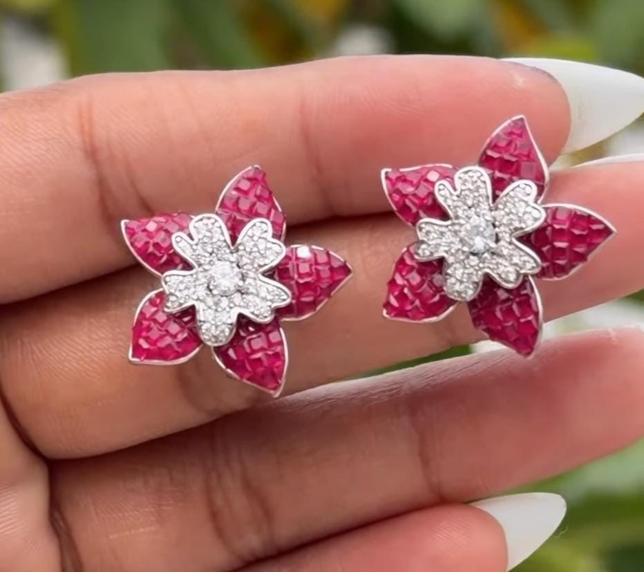 Ruby Pink Floral Blossom Studs