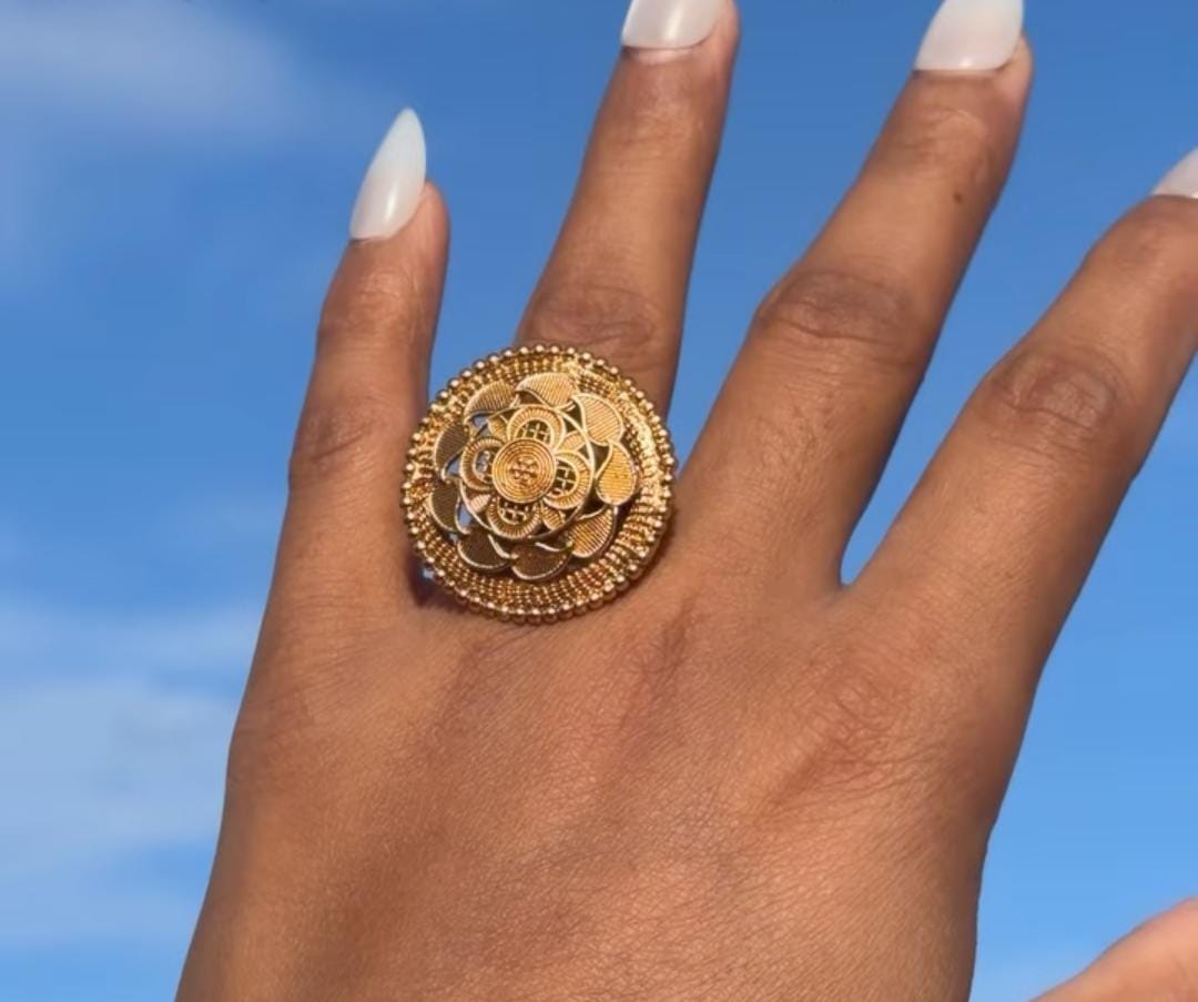 Floral Mandala Gold Finish Adjustable Polki Ring