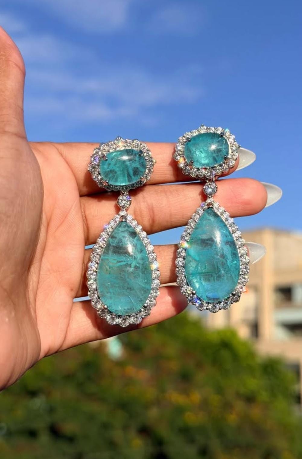 Aqua Blue Crystal American Diamond Studded Premium Party Long Earrings