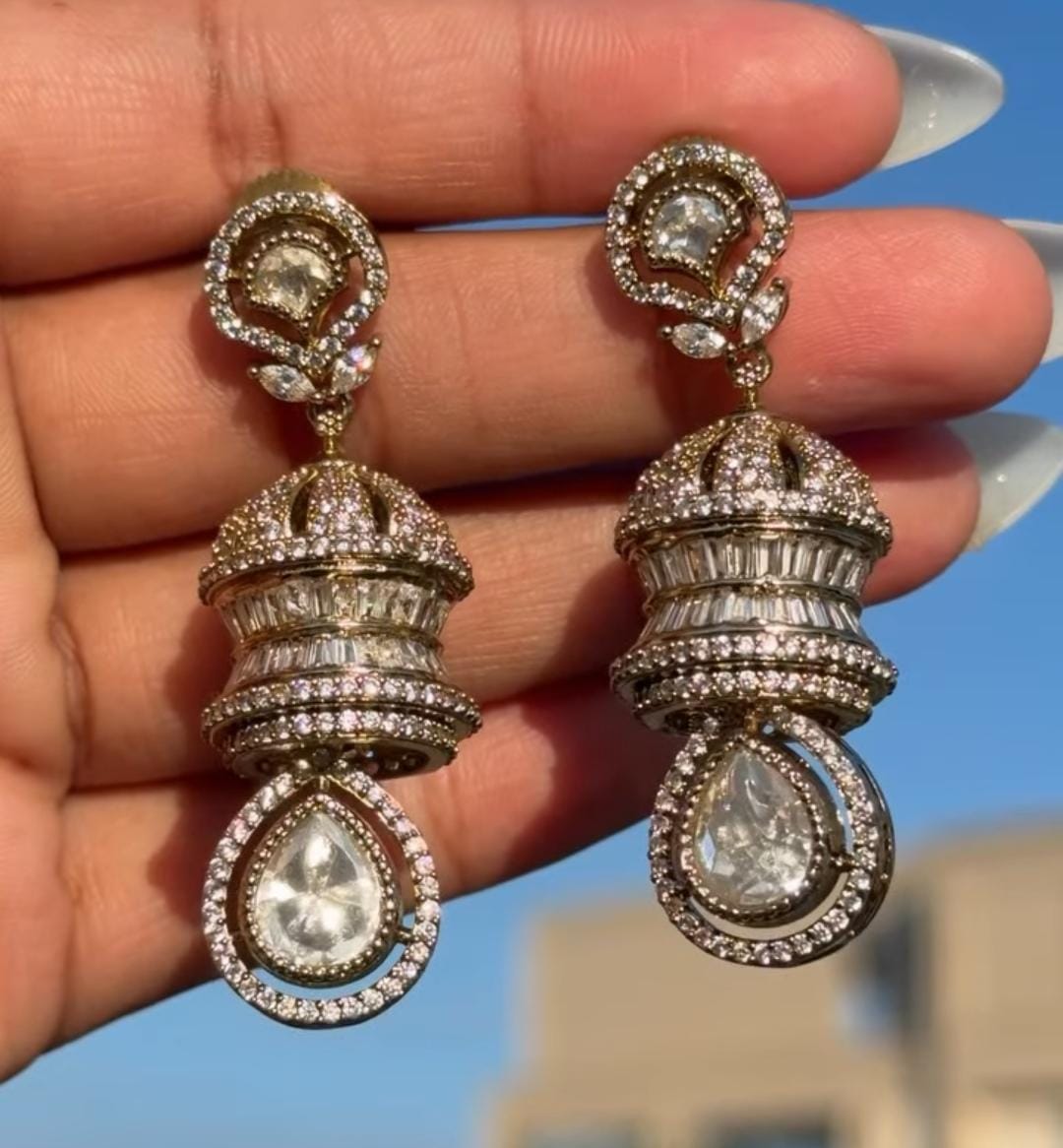 Festive Exclusive Antique Gold Finish 3 Layered Premium Moissanite Polki Jhumki Earrings