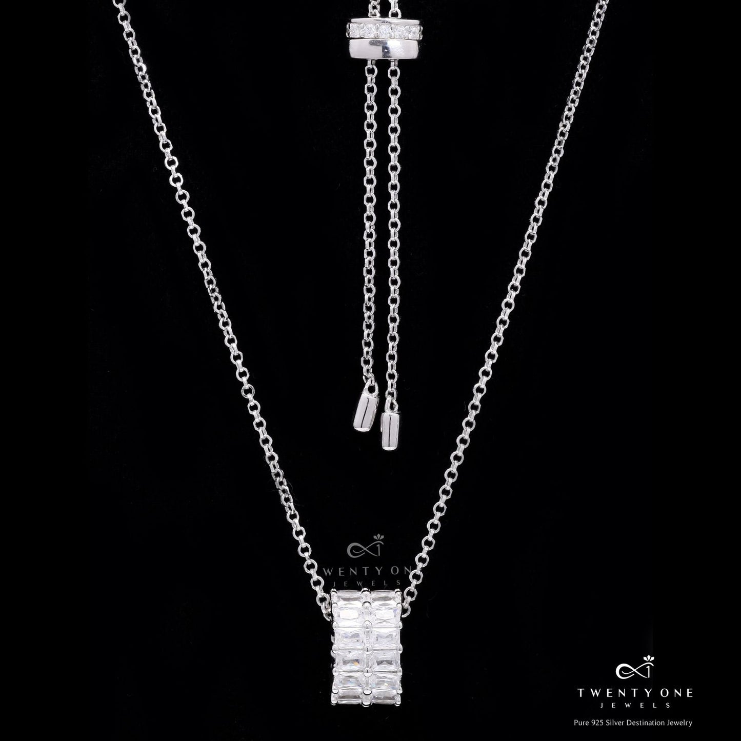 Luxury Brand Inspired American Diamond Baguette Suzette Pendant with Chain on pure 925 Silver