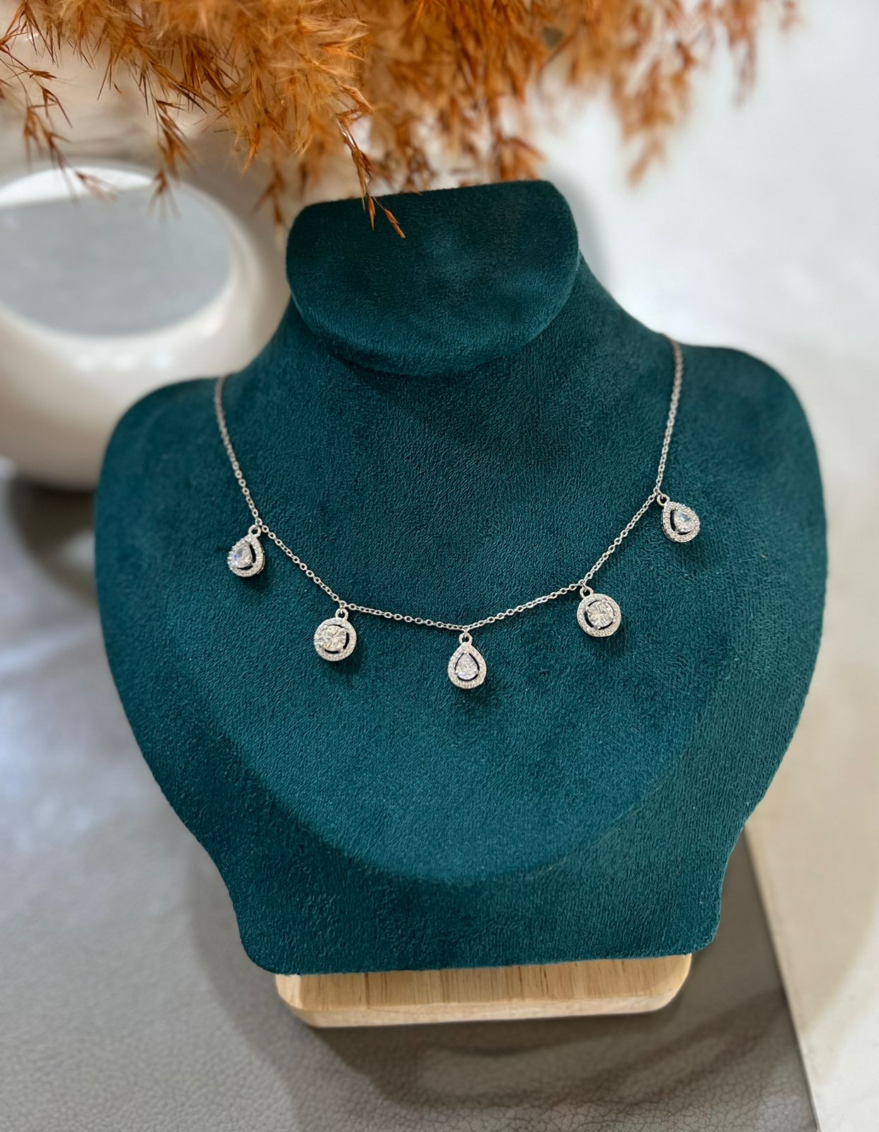Drop and Round Cut Solitaire Charms Necklace on Pure 925 Silver
