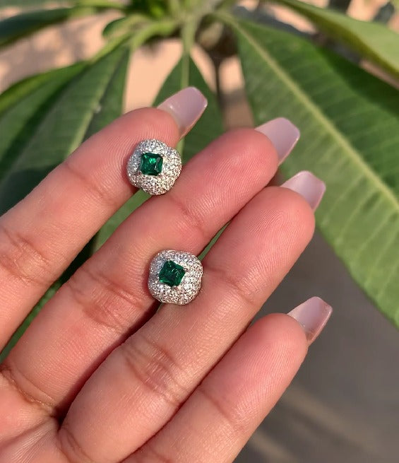 American Diamond Studded with Green Emerald Demi Stud on Pure 925 silver