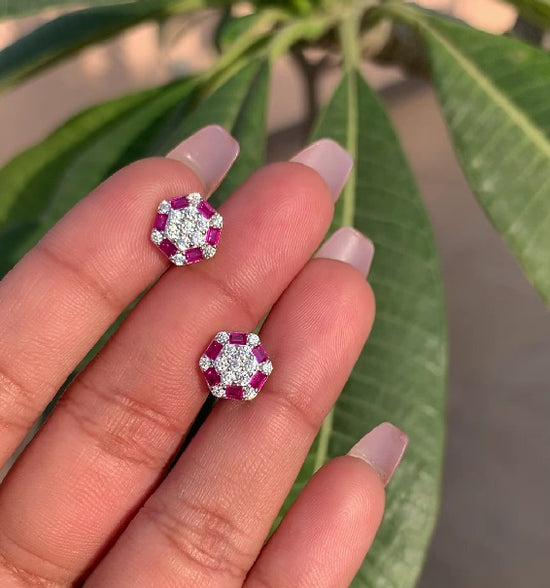 American Diamond Studded with Ruby Baguette Alanna Stud on Pure 925 Silver.