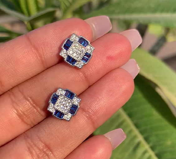 American Diamond studded Blue Sapphire Lyra Stud on Pure 925 Silver.