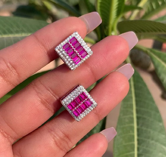Diamond Studded and 2 Line Ruby Baguette Marlee Studs on Pure 925 Silver.
