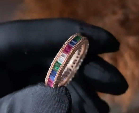 Rose Gold Multi Coloured Diamond Anisa Band Ring on 925 Silver