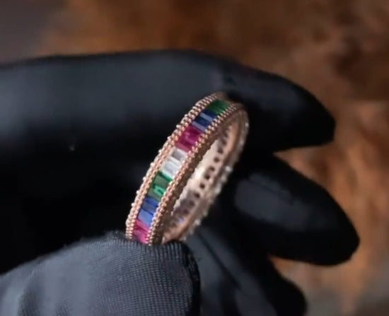 Rose Gold Multi Coloured Diamond Anisa Band Ring on 925 Silver