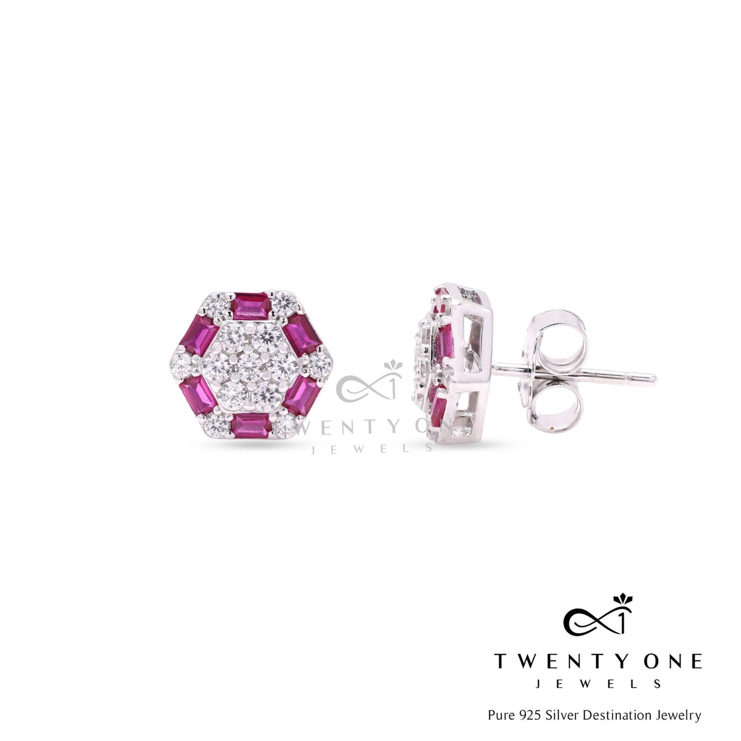 American Diamond Studded with Ruby Baguette Alanna Stud on Pure 925 Silver.