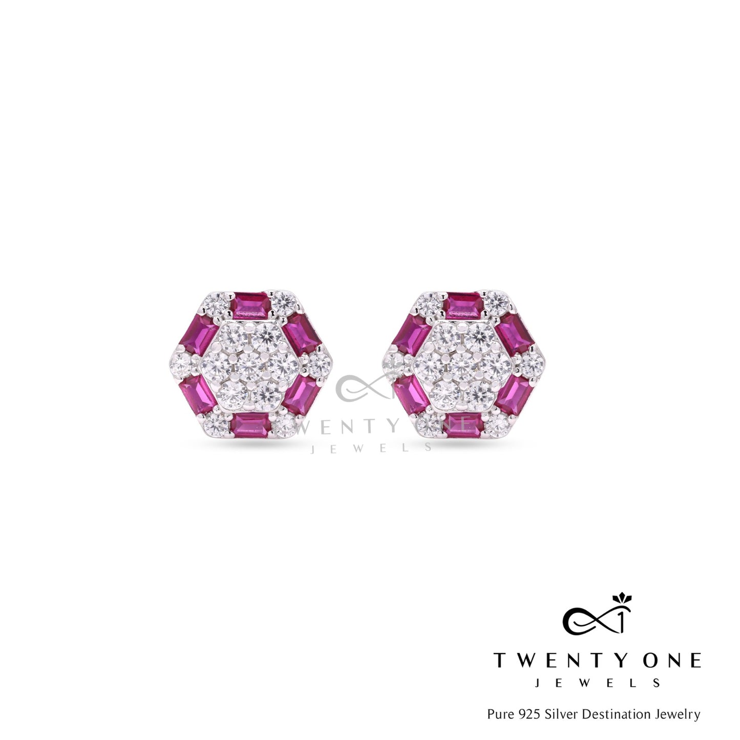 American Diamond Studded with Ruby Baguette Alanna Stud on Pure 925 Silver.