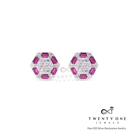 American Diamond Studded with Ruby Baguette Alanna Stud on Pure 925 Silver.