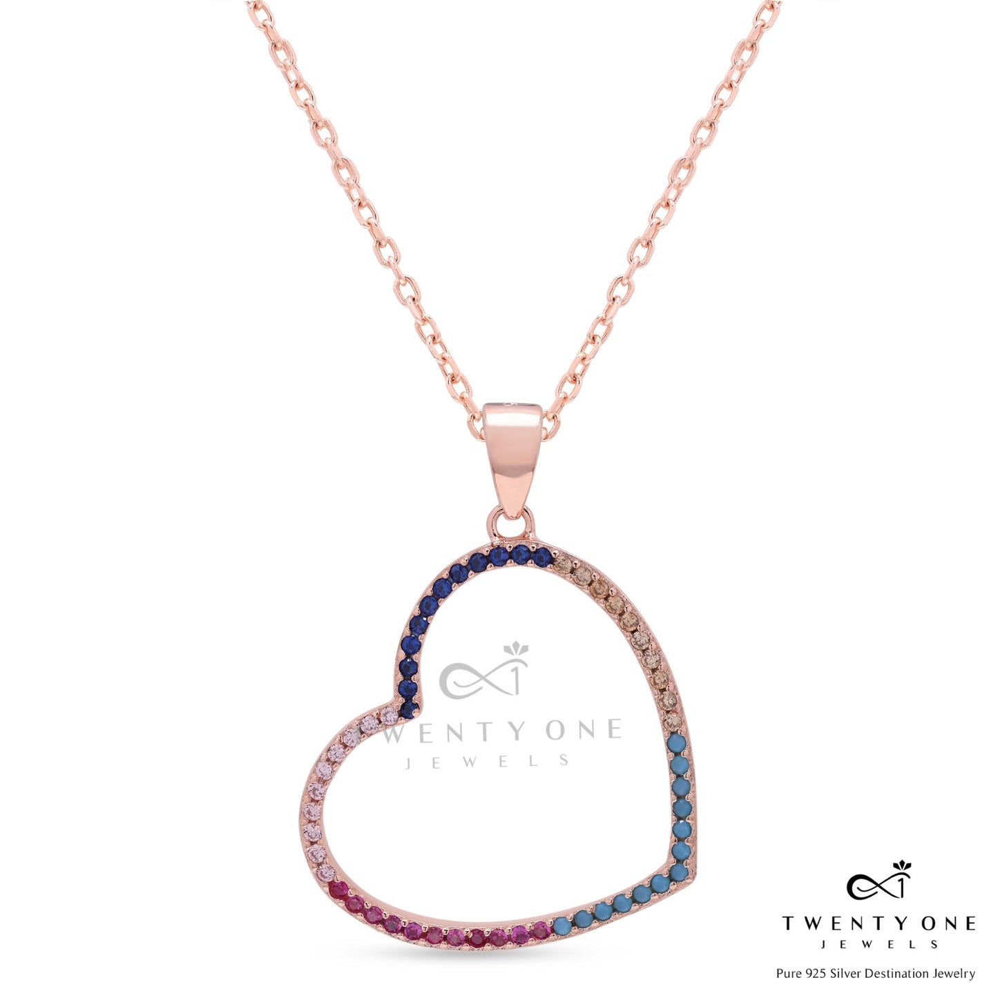 Valentines Exclusive Multicoloured Big Heart Rose Gold Charlee Pendant on pure 925 Silver