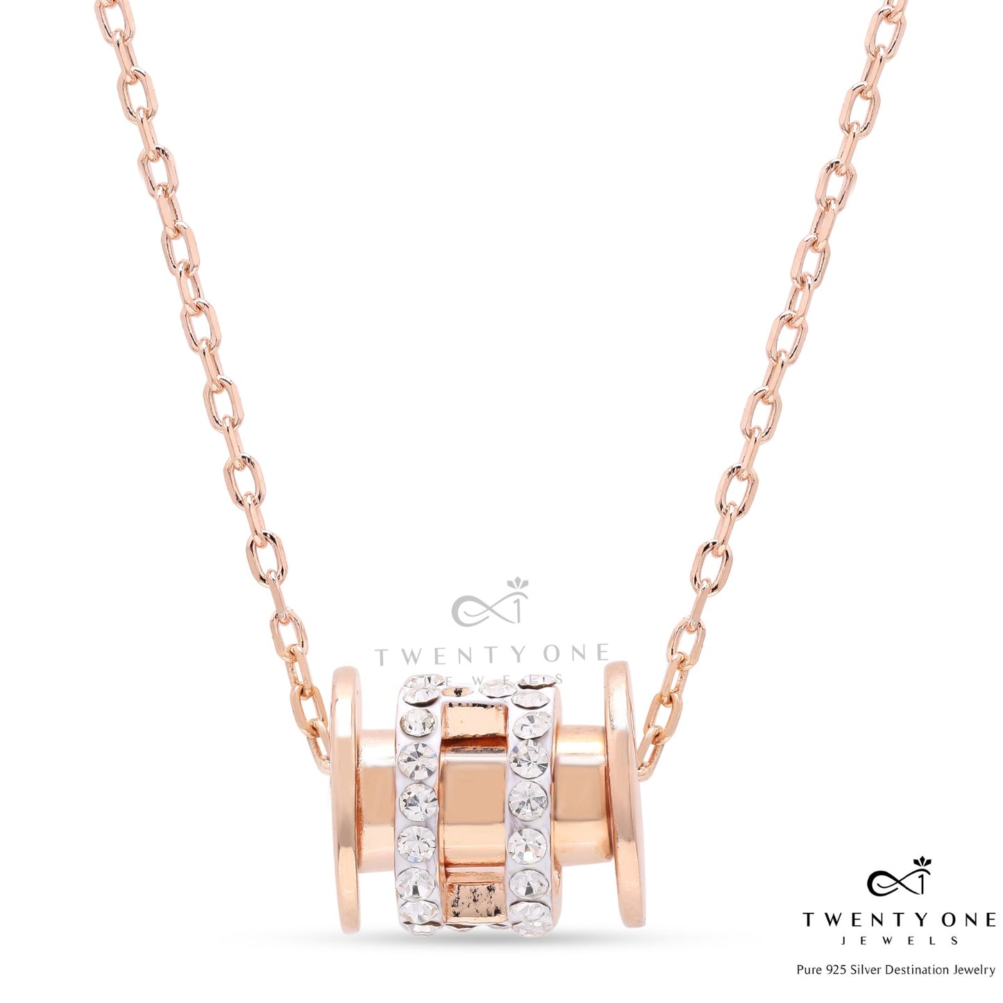 Rose Gold Diamond Barrel Pendant with Chain on Pure 925 Silver