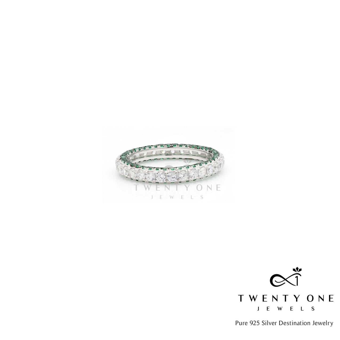 Green Emerald Detailing American Diamond Studded Band Ring on Pure 925 Silver