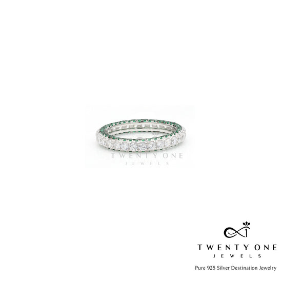 Green Emerald Detailing American Diamond Studded Band Ring on Pure 925 Silver