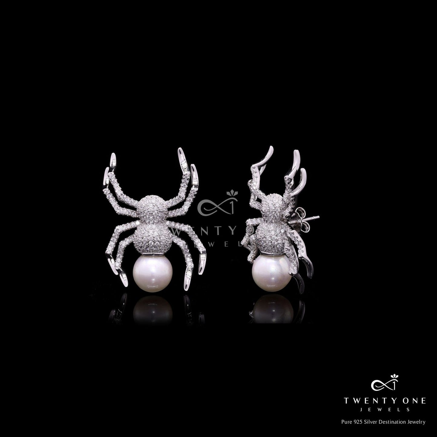 Premium American Diamond Studded Spidey Earrings with Fresh Water Pearl on Pure 925 Silver