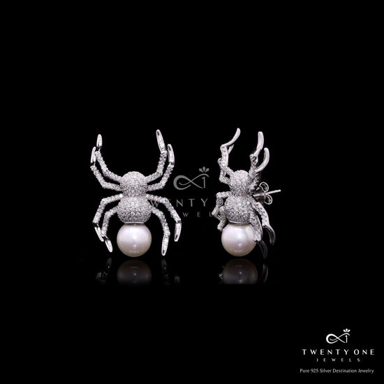 Premium American Diamond Studded Spidey Earrings with Fresh Water Pearl on Pure 925 Silver