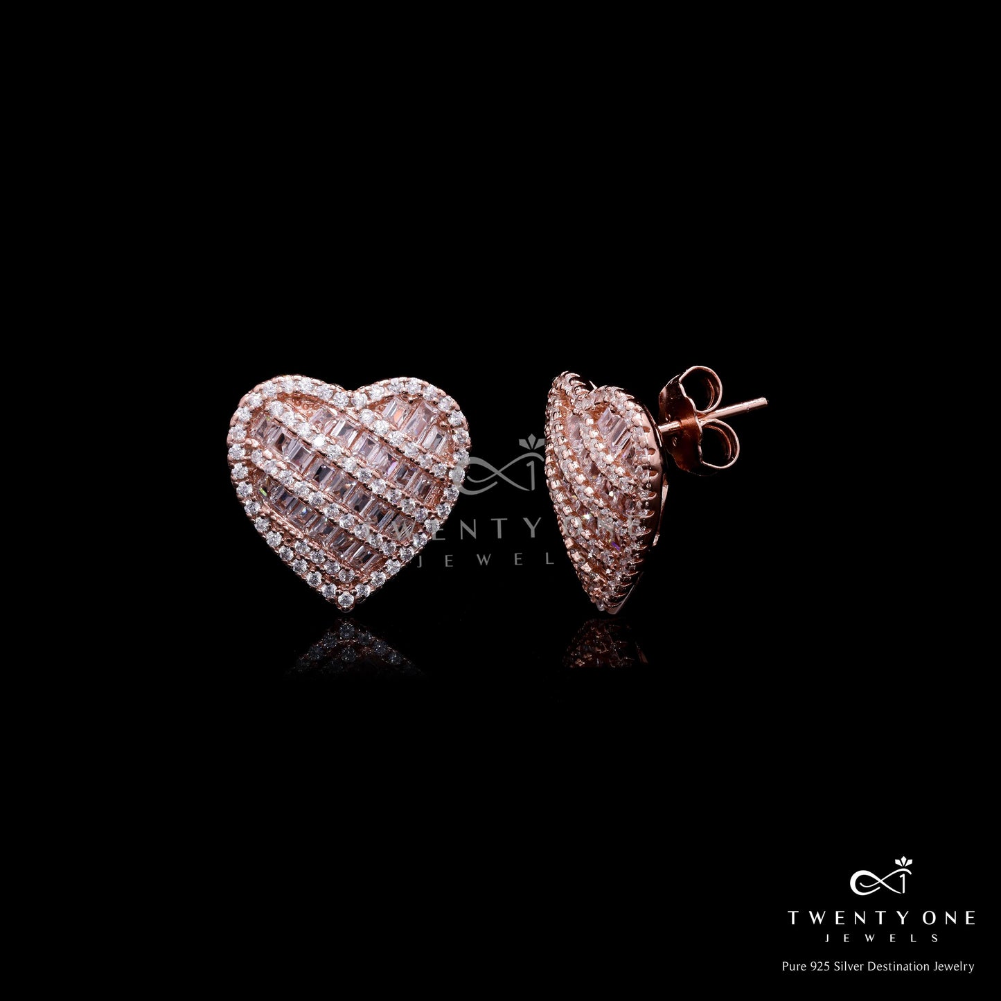 American Diamond Studded Rose Gold Love Struck Heart Studs on Pure 925 Silver
