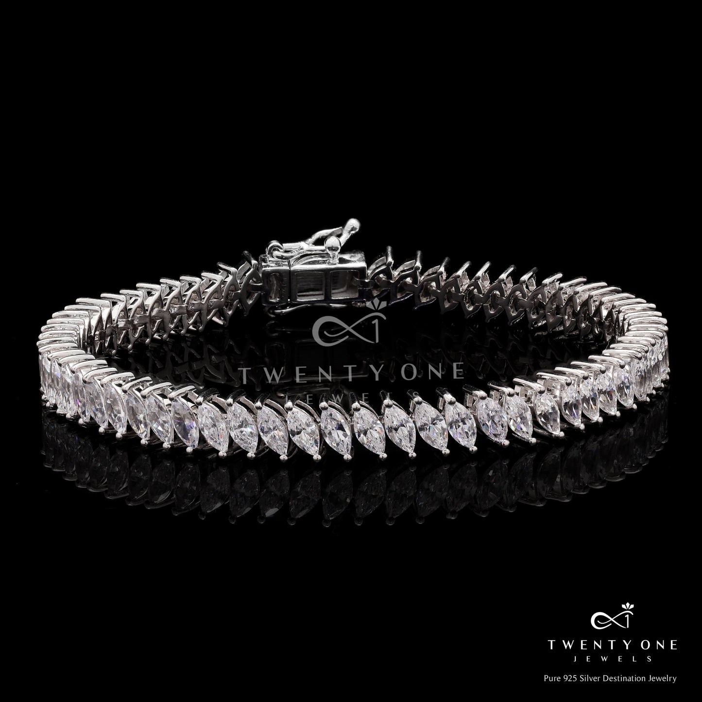 Premium Marquise Solitaire 15 Pointer Tennis Bracelet on Pure 925 Silver.
