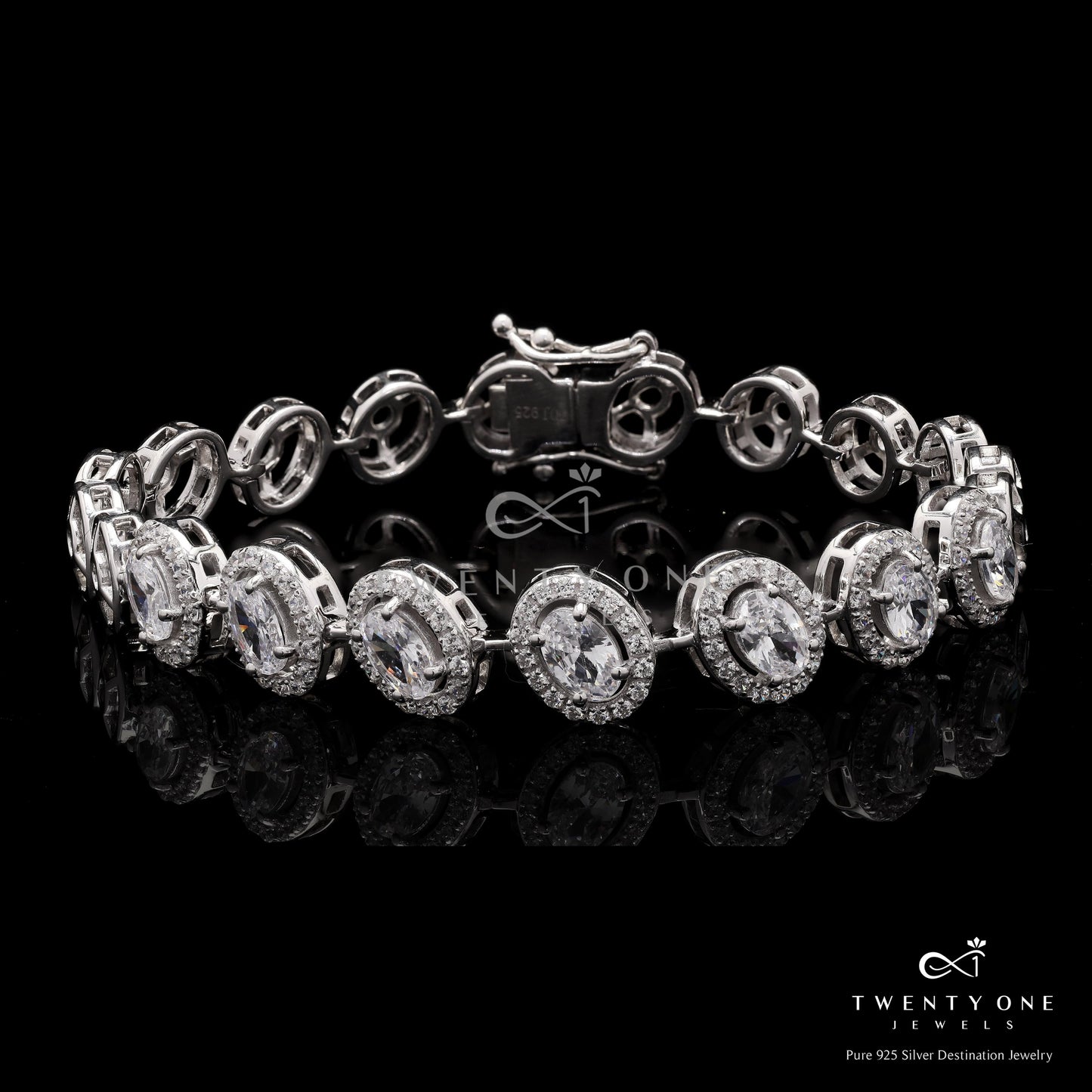 Premium 50 Pointer Oval Solitaire Tennis Bracelet with Diamond Cluster on Pure 925 Silver.