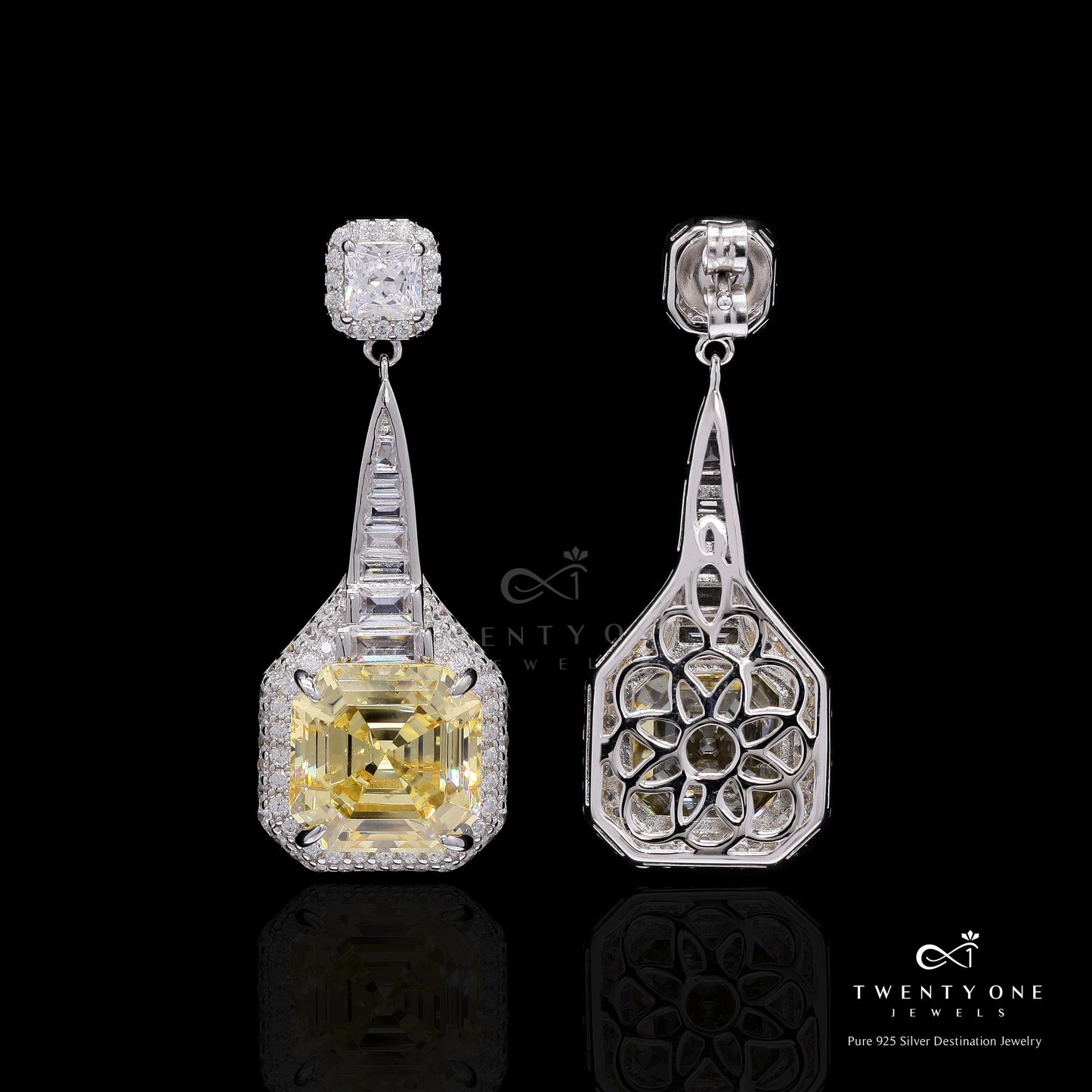 Premium Handcrafted Yellow Ascher Cut Diamond Party Danglers with Baguettes on Pure 925 Silver