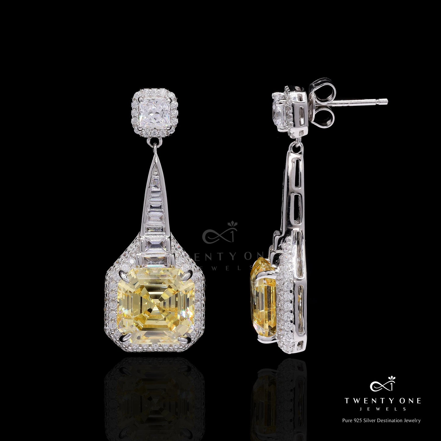 Premium Handcrafted Yellow Ascher Cut Diamond Party Danglers with Baguettes on Pure 925 Silver