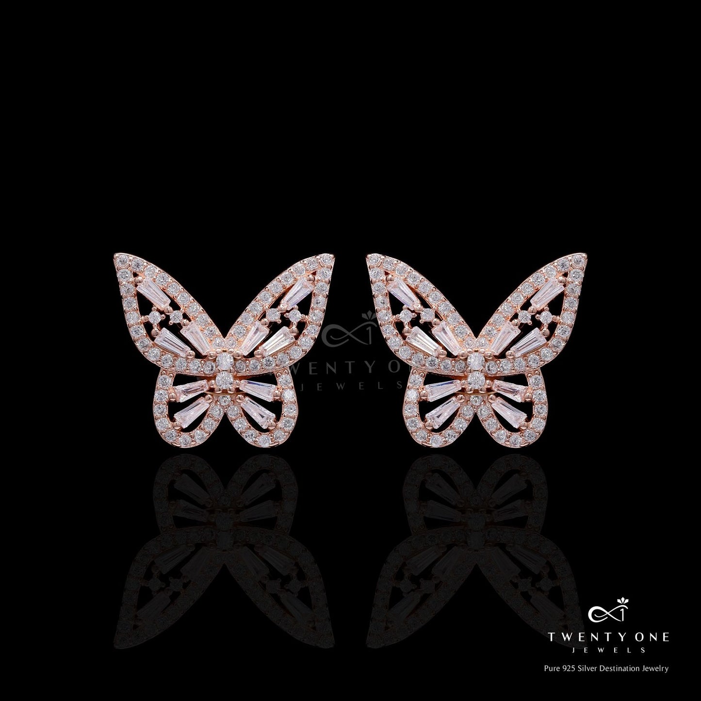 Rose Gold Butter Fly Earrings with American Diamond Tapers on Pure 925 Silver