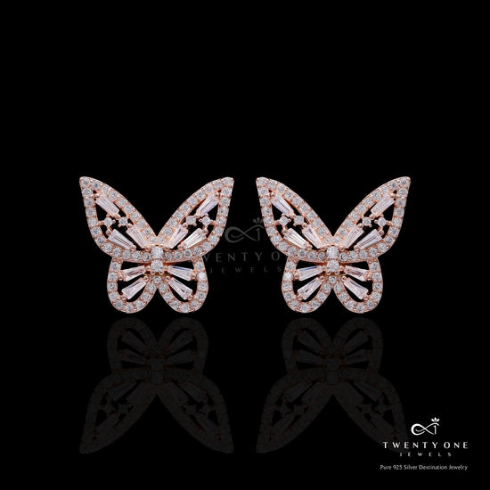 Rose Gold Butter Fly Earrings with American Diamond Tapers on Pure 925 Silver