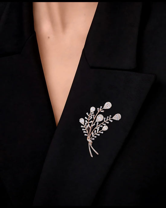 Premium Handcrafted Rose Gold Finish Floral American Diamond Bouquet Brooch with Baguettes on Pure 925 Silver