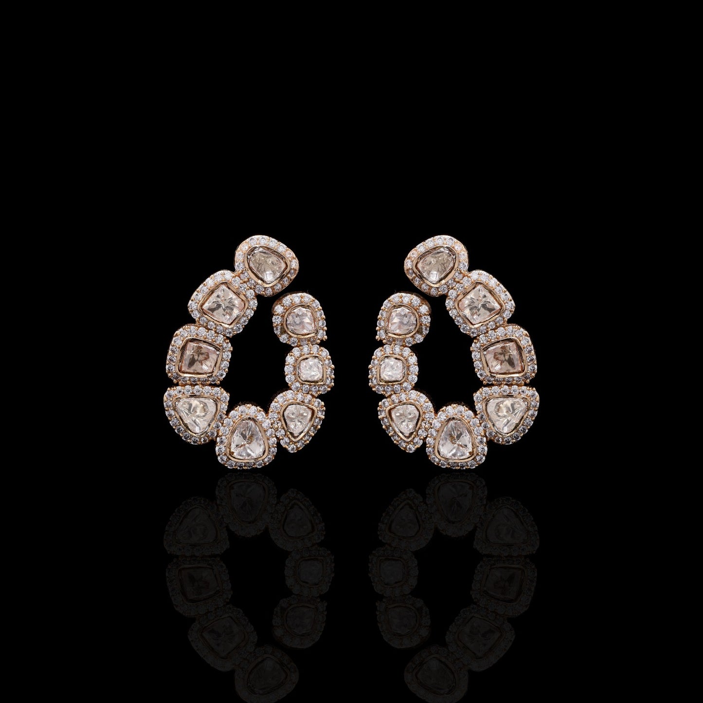 Antique Gold Finish Polki Drop Earrings