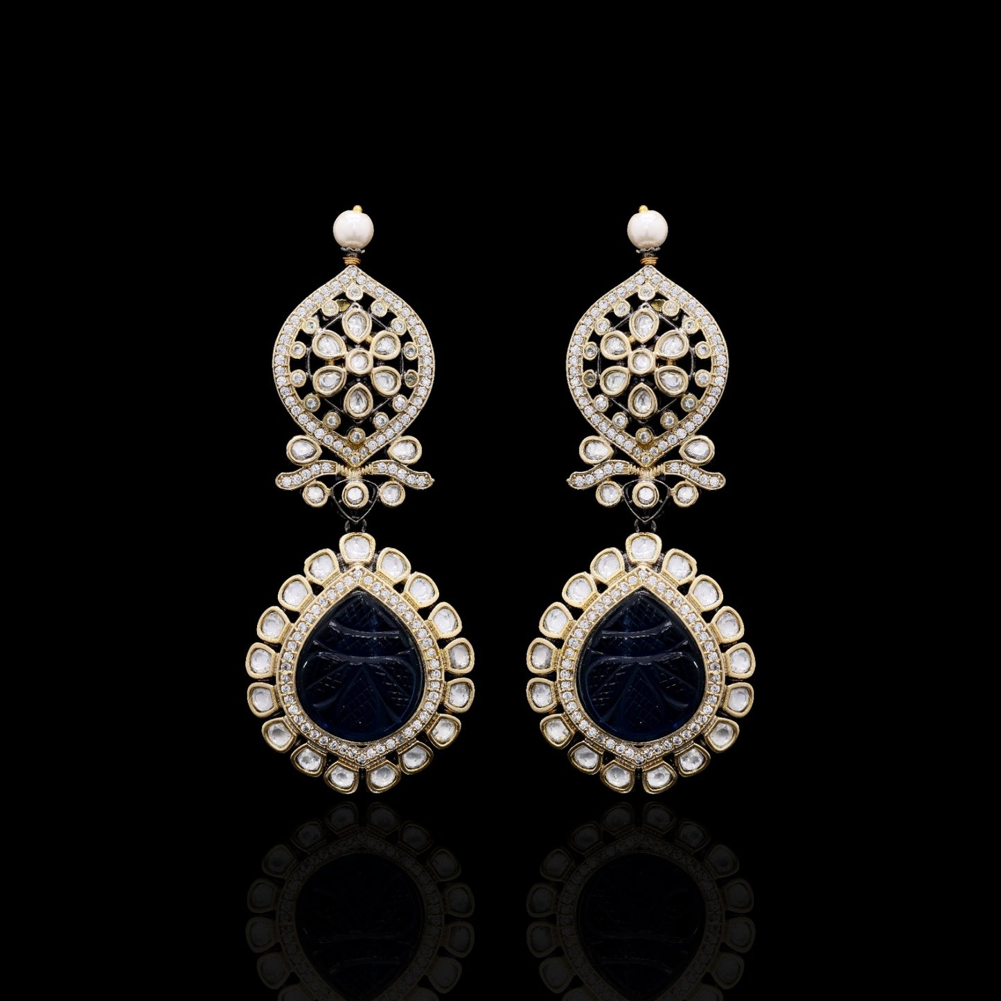Antique Gold Finish Drop Polki Long Earrings