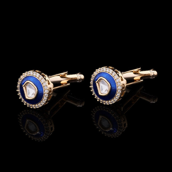 Peacock Blue Enamel Bezel Setting Polki Diamond Mens Gold Finish Cuff Link Pair