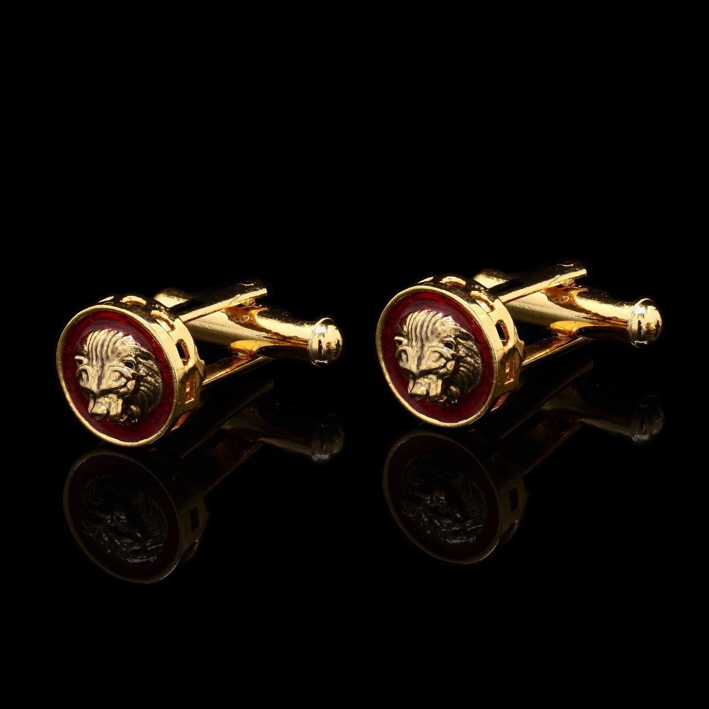 Red Enamel Lion Face Gold Finish Mens Cuff Link Pair