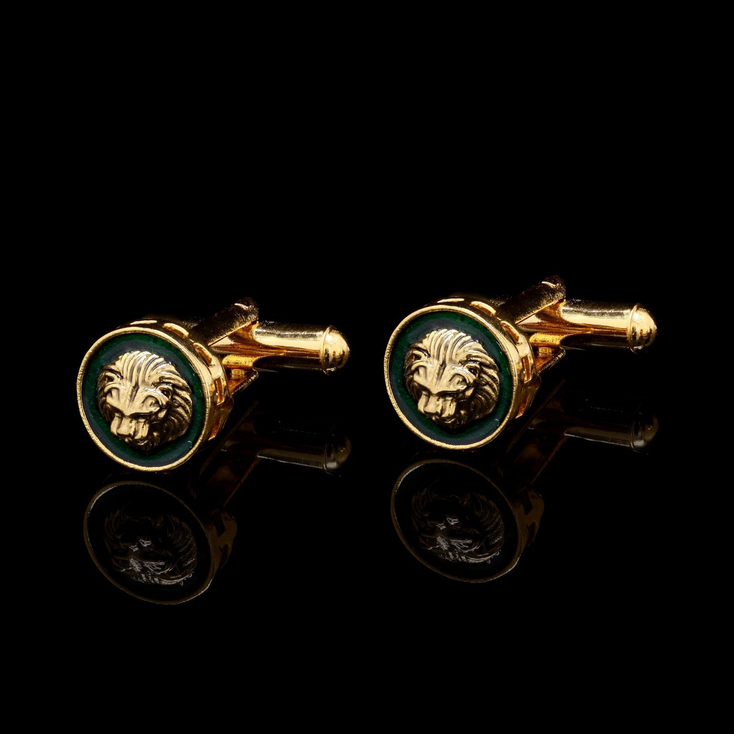 Green Enamel Lion Face Gold Finish Mens Cuff Link Pair