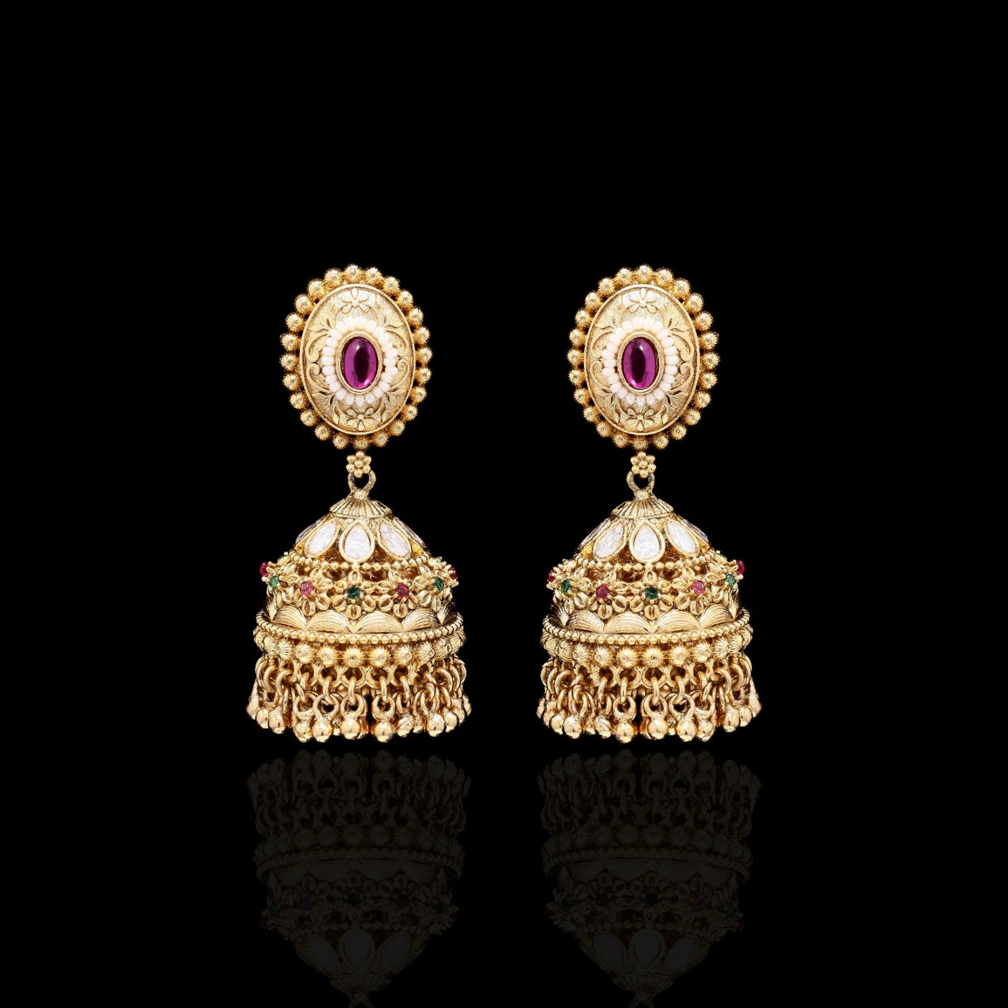 Festive Exclusive Gold Finish Gayatri Jhumkis with Ruby and Emerald Detailing