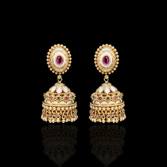 Festive Exclusive Gold Finish Gayatri Jhumkis with Ruby and Emerald Detailing