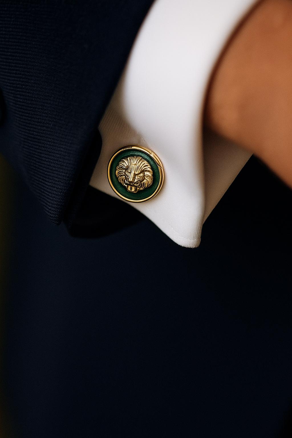 TOJ Everyday - Green Enamel Lion Face Gold Finish Mens Cufflink Pair