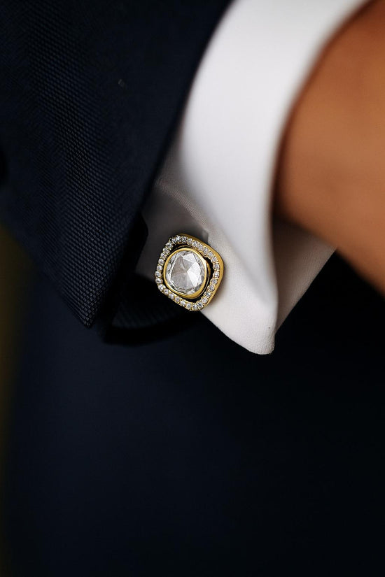 Square Gold Finish Polki Diamond Mens Cuff Link with Diamond Cluster