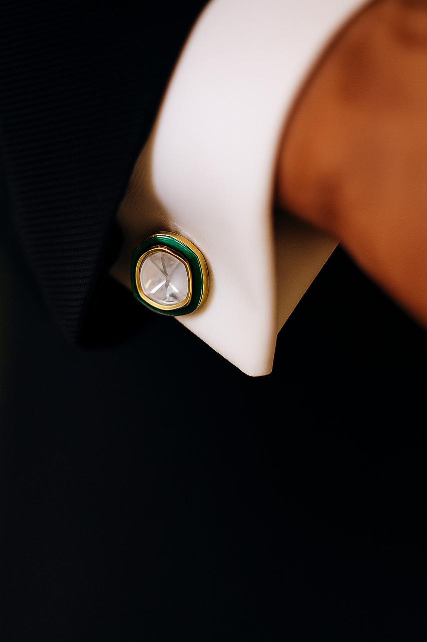 TOJ Everyday - Emerald Green Enamel Gold Finish Polki Mens Cufflinks